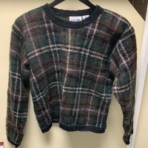Size small, 50% mohair ,black, brown, green, and lavender plaid sweater